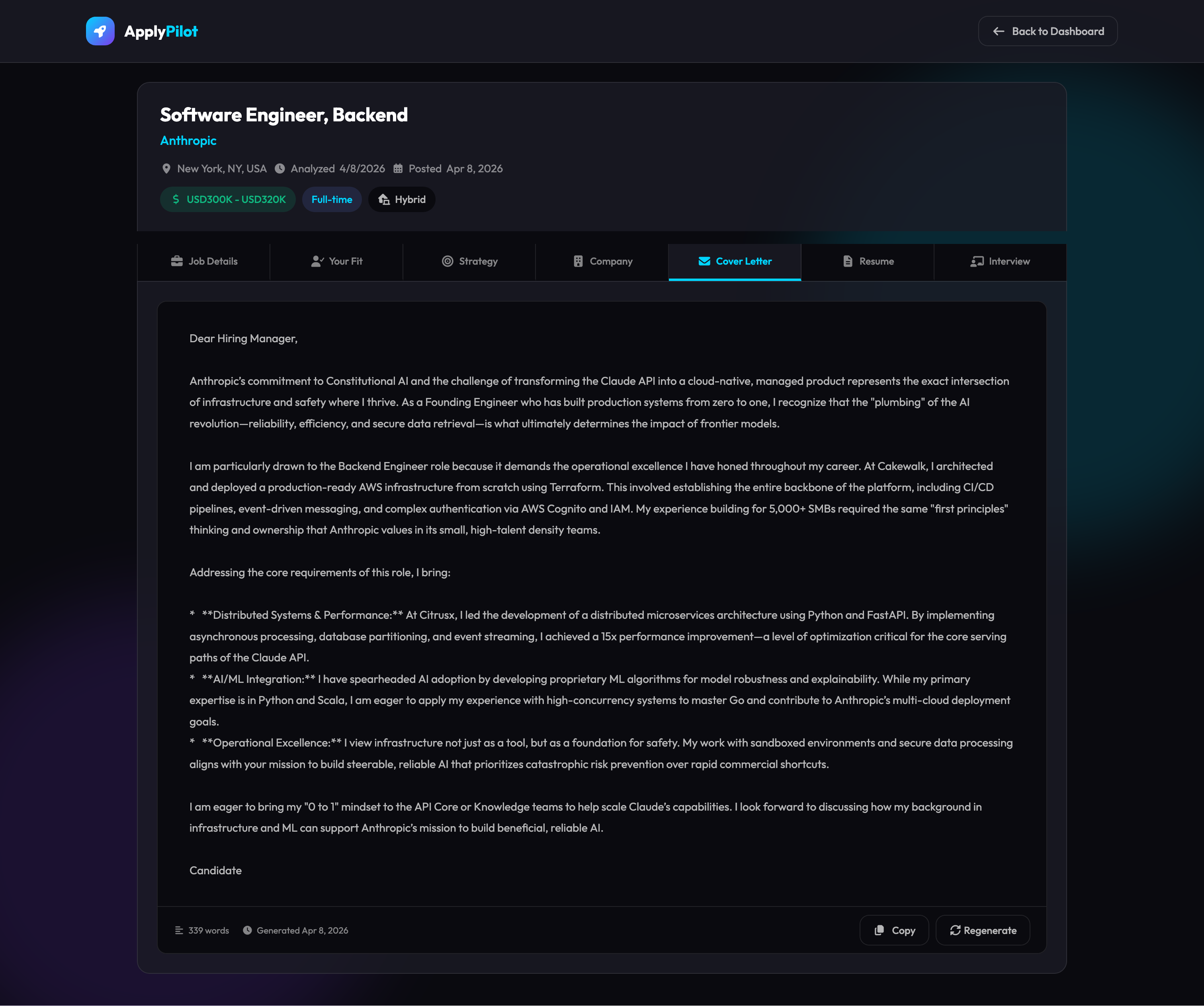 Cover Letter — fully personalized AI-generated cover letter for the Anthropic role
