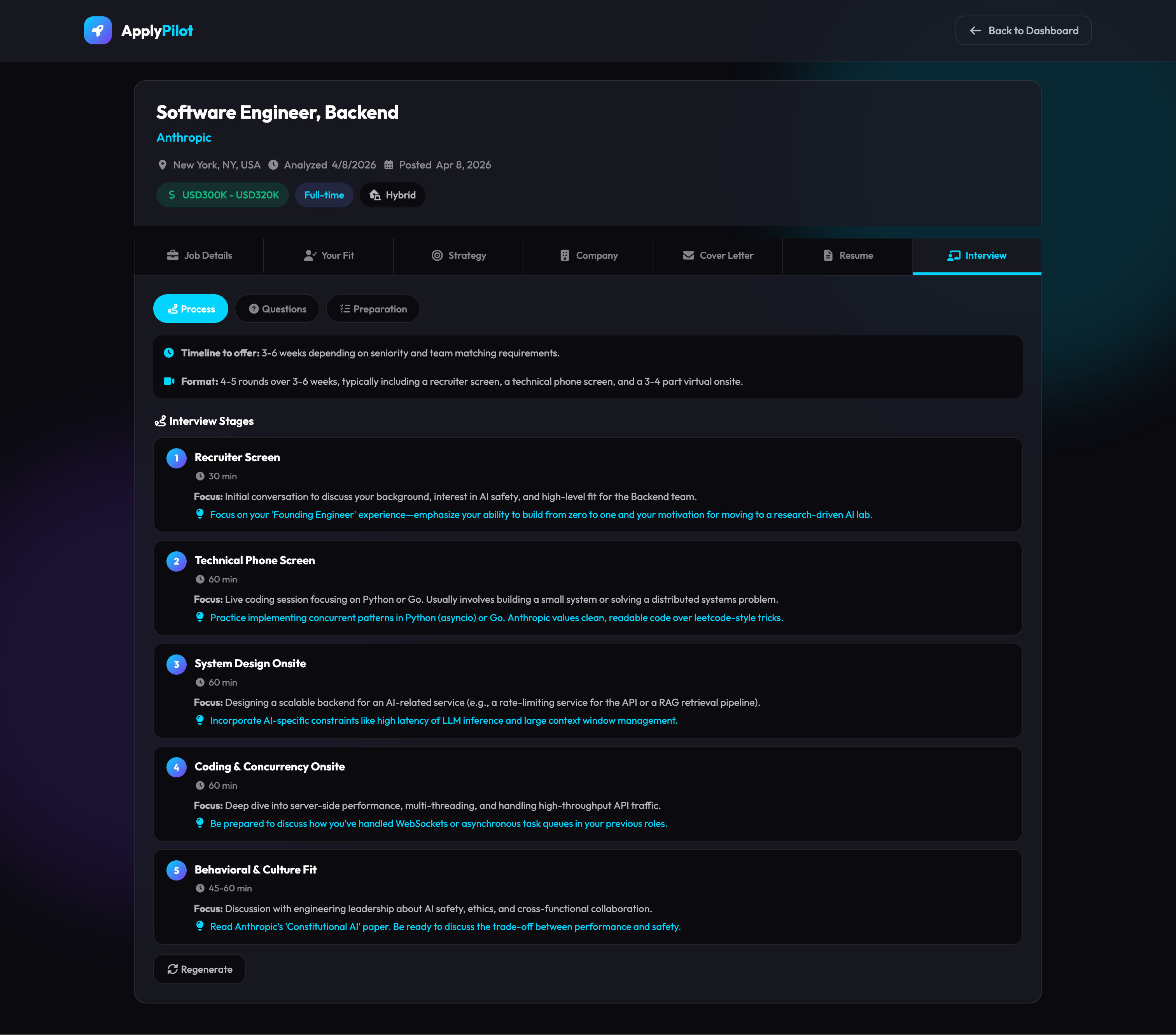 Interview — 5-stage process with timeline, predicted questions and prep checklist