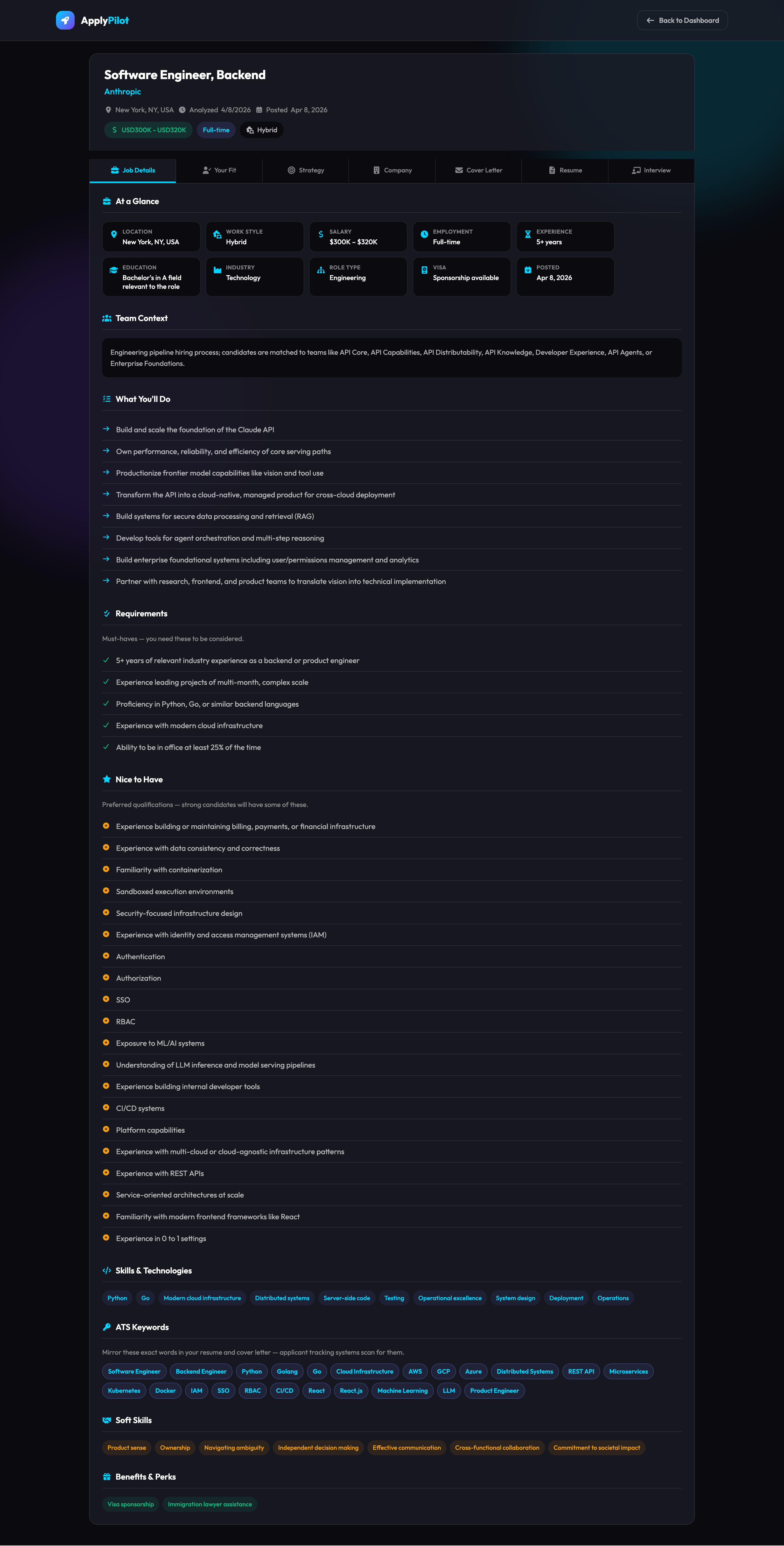 Job Details — At a Glance grid, requirements, ATS keywords, skills and benefits